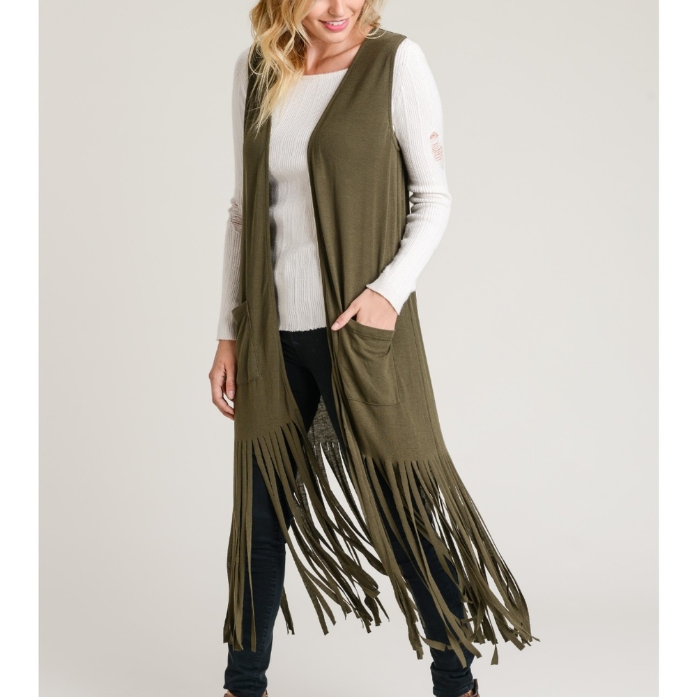 Long Fringe Vest Duster Front Pockets New Olive - Picture 3 of 8